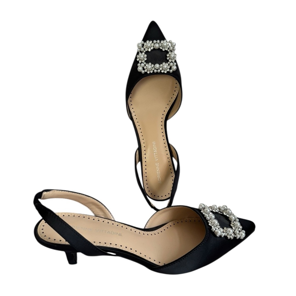 Adrienne Vittadini Black Satin Pearl Embellished Slingback Heels